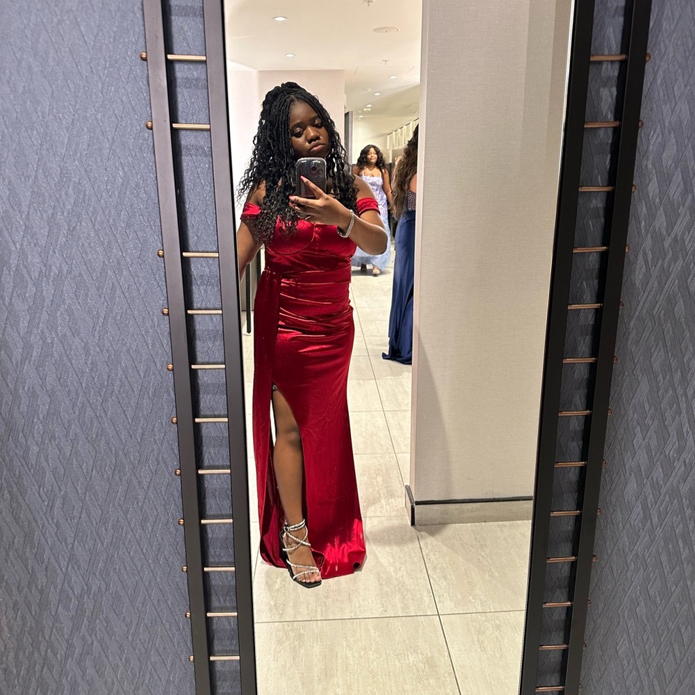 Elegant Red Satin Gown with Slit